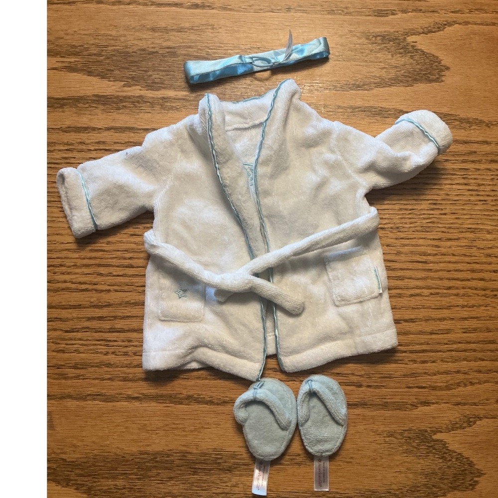 American Girl Doll Spa Robe Slippers Headband Set White Blue 18" Doll Clothes
